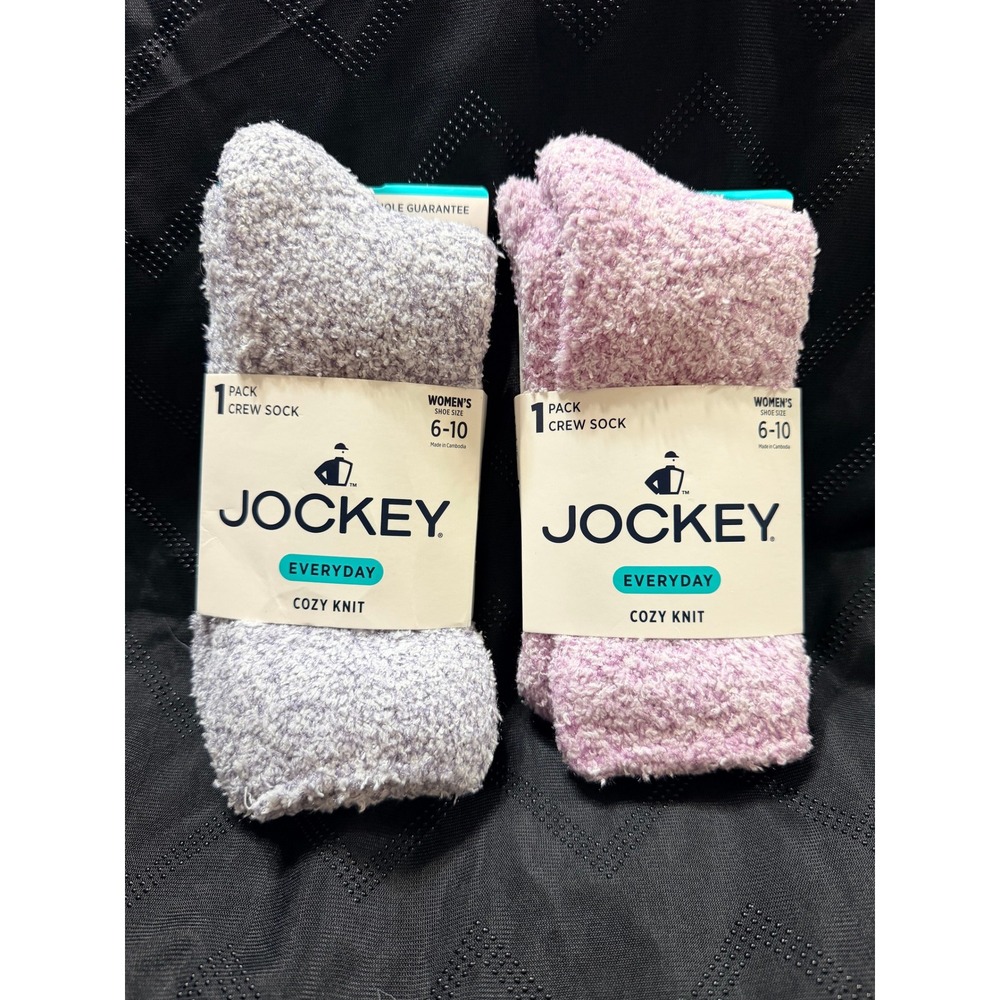 Jockey Everyday Cozy Knit Women Crew Socks 2 Pack Grey Lavender Shoe Size 6-10